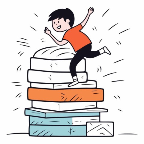 Boy jumping on pile of books in doodle style.