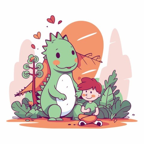 Cute little boy with a dinosaur in cartoon style.