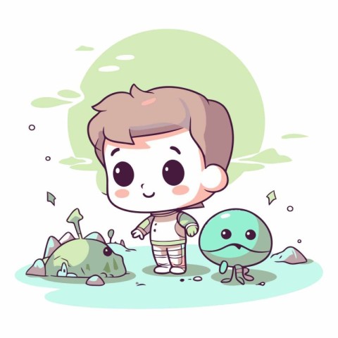 Boy and alien in the sea in cartoon style.