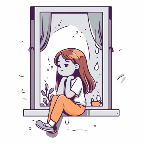 Sad little girl sitting on the window and looking out the window