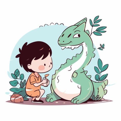 Little boy playing with a dinosaur. Cute cartoon vector illustra