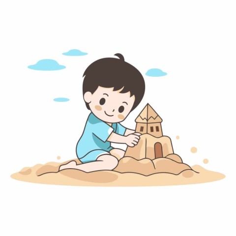 Illustration of a Cute Little Boy Playing with a Sand Castle