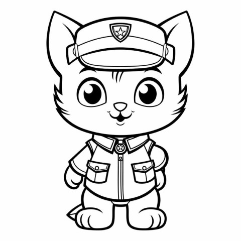 Black and White Cartoon Illustration of Cute Cat Police Officer