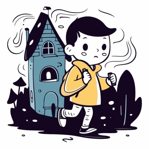 Boy running in front of a haunted house. vector cartoon illustra