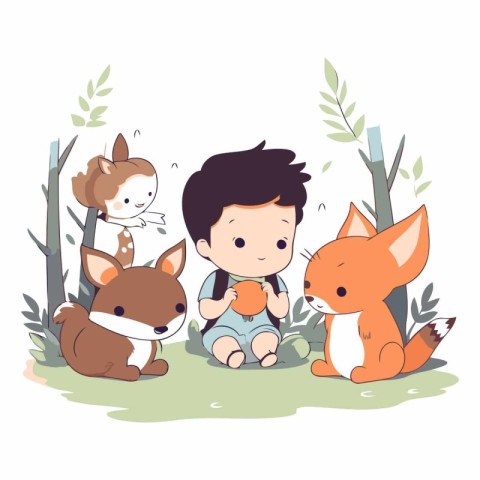 Cute little boy playing with cute foxes.