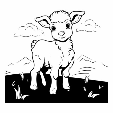 Black and white vector illustration of a little lamb standing in