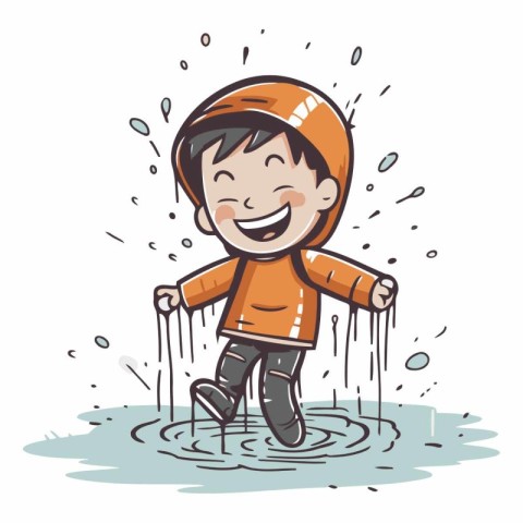 Cute cartoon boy playing in a puddle.