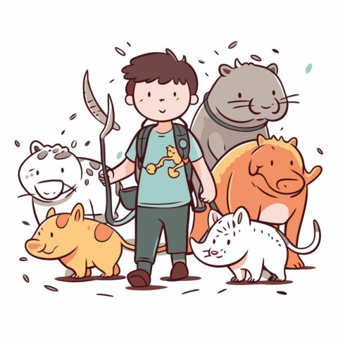 Vector illustration of a boy with a backpack and a group of cats