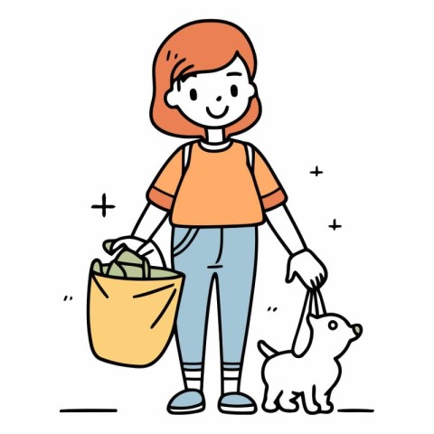 Vector illustration of a young woman walking with a dog and a sh