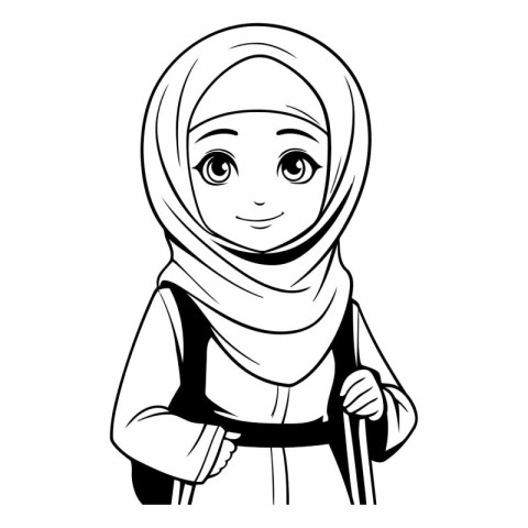 Muslim girl in hijab with a suitcase for coloring book.