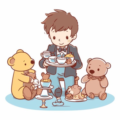 Cute boy with teddy bears and cups of coffee.