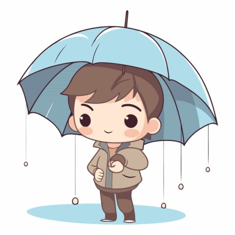 Cute boy in raincoat and umbrella cartoon vector illustration gr