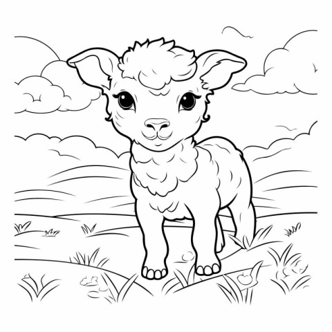 Cute little lamb on the meadow. Coloring book for children.