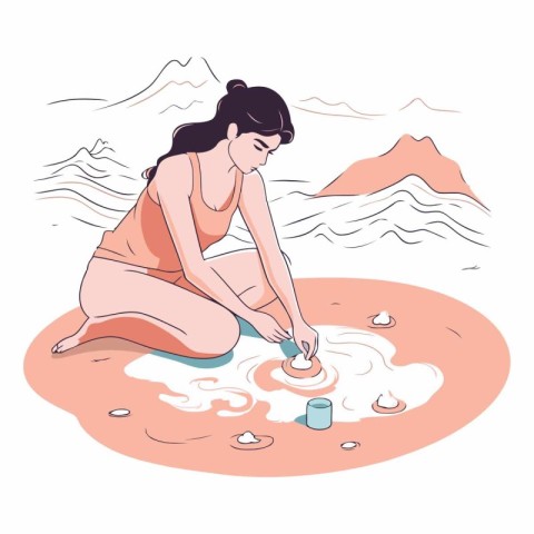 Vector illustration of a young woman applying body lotion on the