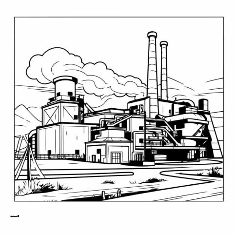 Industrial landscape with chimneys on white background.