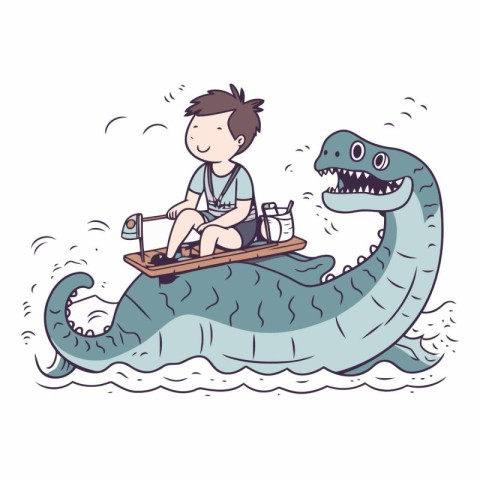 Cartoon illustration of a boy riding on a dragon boat.