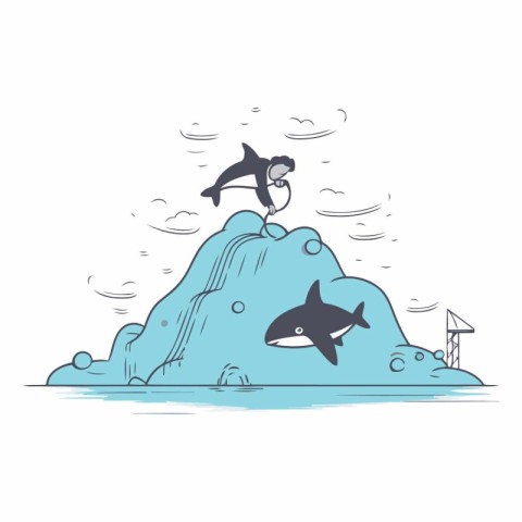 Vector illustration of a man swimming on a rock with a shark.