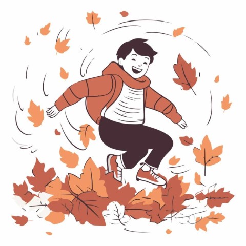 Vector illustration of happy boy jumping in autumn park with fal