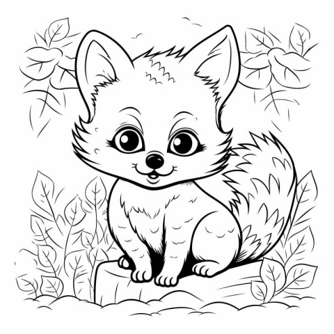 Cute little fox sitting on a stump for coloring book.