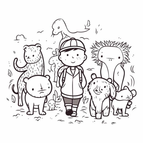 Cute cartoon doodle kids with animals.