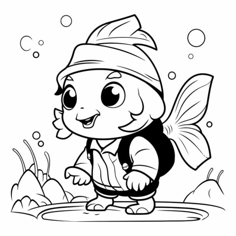 Black and White Cartoon Illustration of Cute Little Fish Fantasy