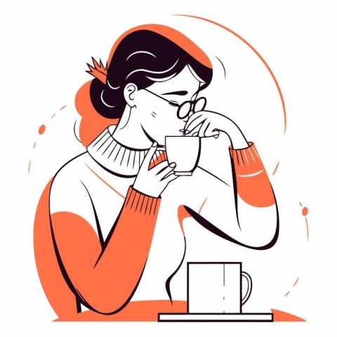 Vector illustration of a woman drinking tea in a cafe. Girl in a