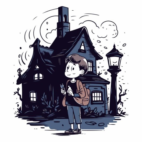 Vector illustration of a boy standing in front of a haunted hous