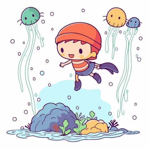 Illustration of a Cute Little Boy Diving Underwater with Jellyfi