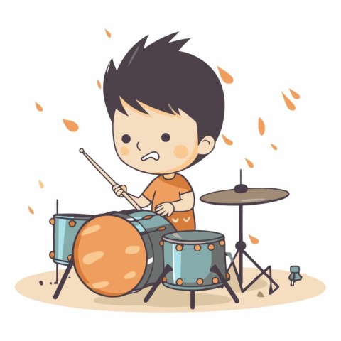 Little boy playing drums. Cute cartoon character.