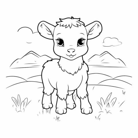 Cute cartoon sheep on the meadow for coloring book.