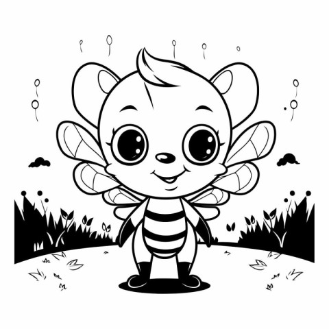 Cute cartoon bee in the garden. Black and white vector illustrat