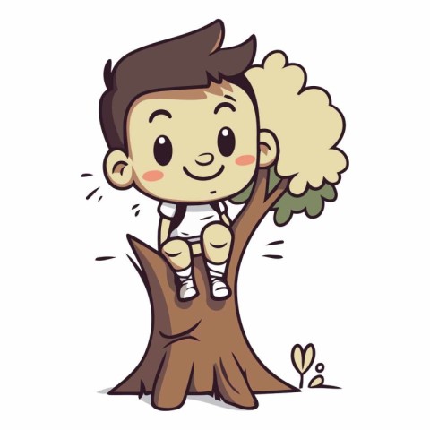 Boy playing tree character vector illustration. Cartoon boy play