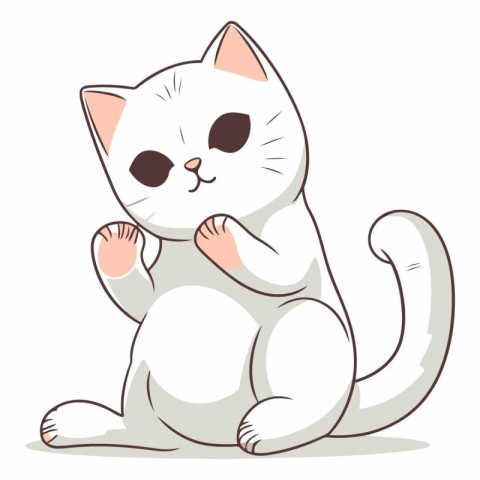 Illustration of a Cute White Cat Sitting and Looking at Somethin