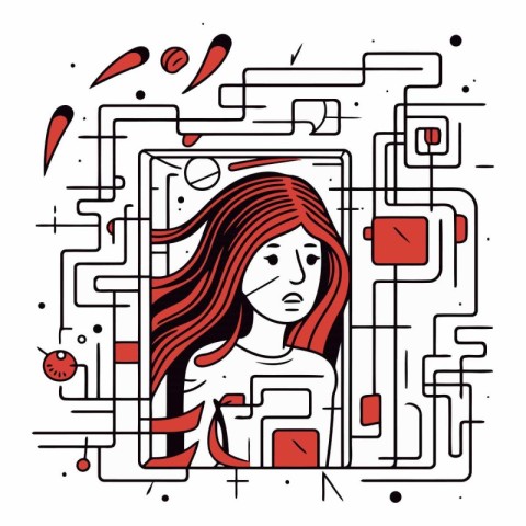 Vector illustration of a girl in the middle of a maze with a red