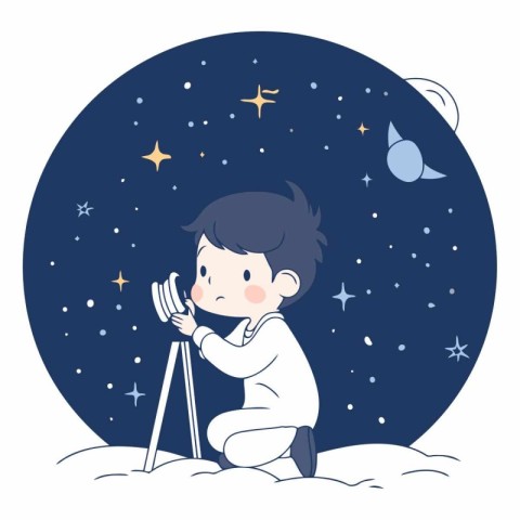 Cute boy with telescope in the starry night.