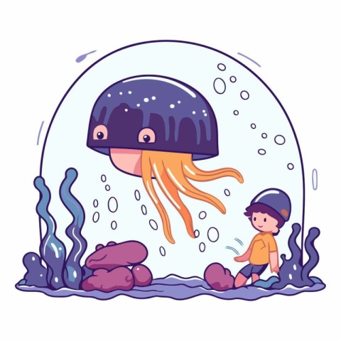 Cute little boy swimming in aquarium with jellyfish.