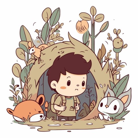 Boy and animals in the jungle. Cute cartoon vector illustration.