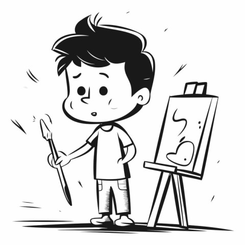 Boy painting a picture on the easel in cartoon style.