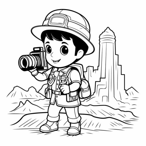 Illustration of a Kid Boy Wearing a Backpack and Holding a Camer