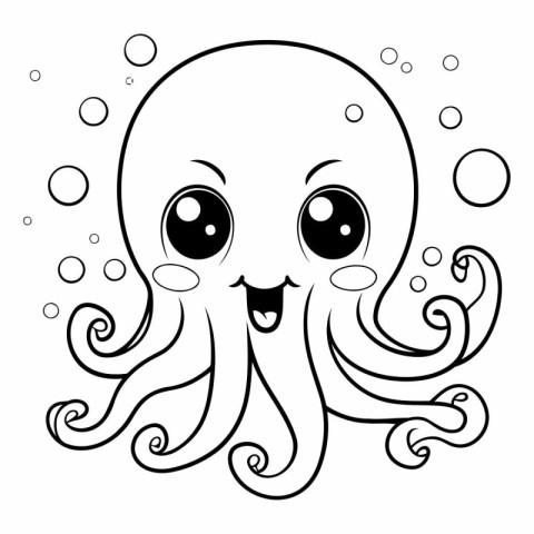 Black and white illustration of a smiling octopus with bubbles o