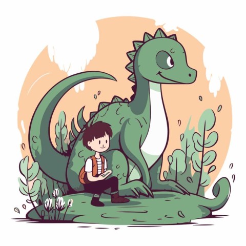 Vector illustration of a little boy reading a book with a dinosa