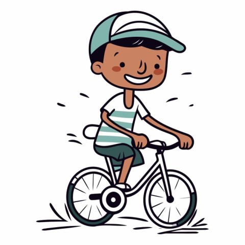 Cute little boy in a cap riding a bicycle.