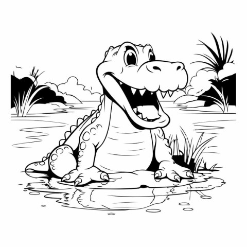 Crocodile - Black and White Cartoon Illustration. Vector