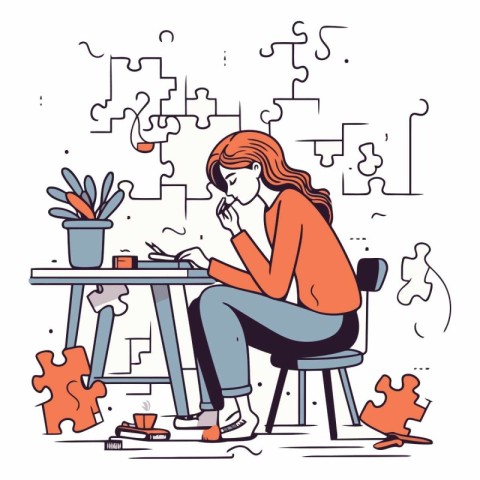 Vector illustration of a woman sitting at the table and solving