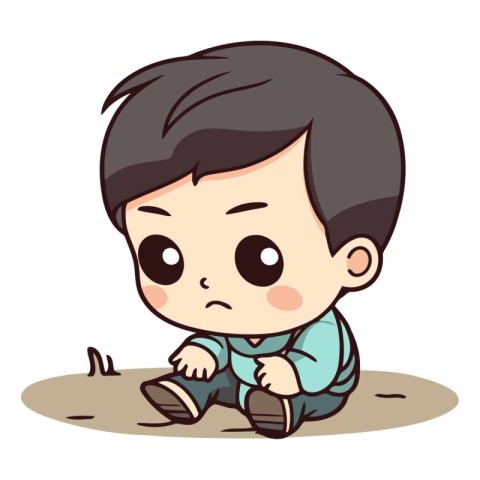 Illustration of a Cute Little Boy Sitting on the Ground and Sad