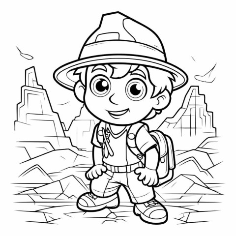 Black and White Cartoon Illustration of Kid Boy Traveler or Tour