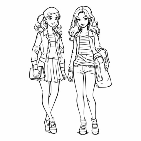 Outline fashion girls of fashion girls in winter clothes.