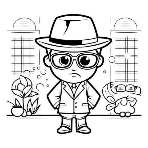 Black and White Cartoon Illustration of Funny Detective Detectiv