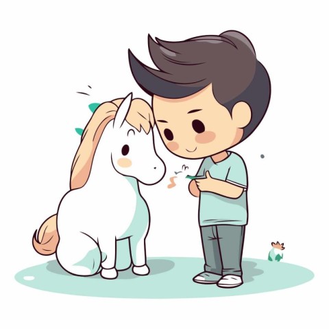 Little boy kissing a white horse. Cute cartoon vector illustrati