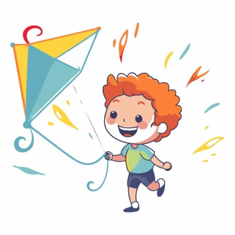 Cute happy boy flying a kite. Cartoon vector illustration.